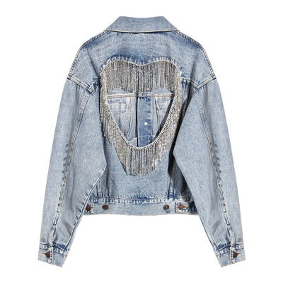 Van het Denim het Jasjes Uitgeholde Dames van het bergkristalborduurwerk Overmaatse Jasje