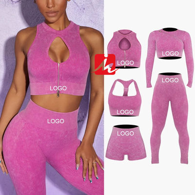 Dames 5-delige sportbeha en legging Naadloze geribbelde fitnesssets Sportkleding